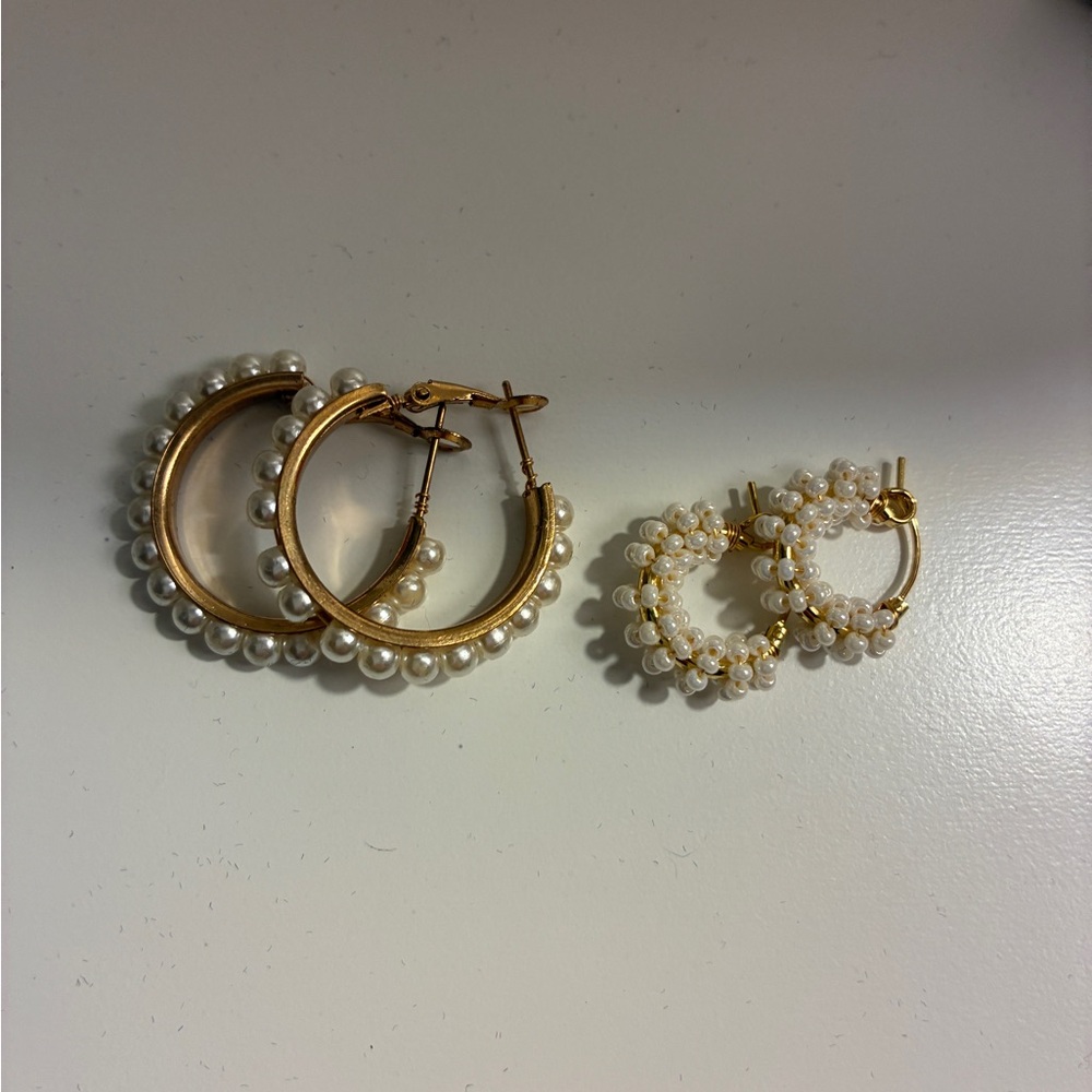 Gold Pearl Hoop Earring Set